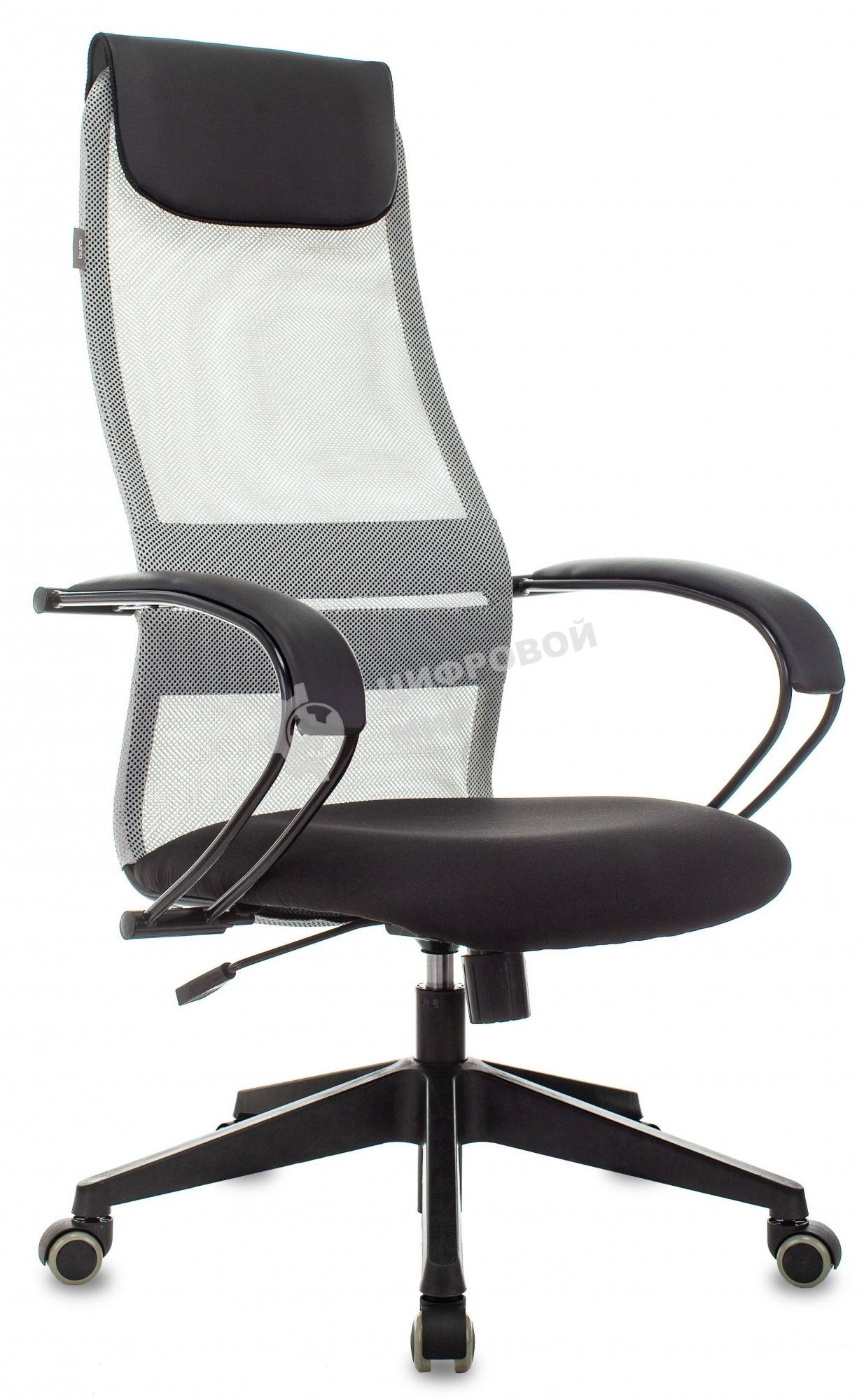 Кресло руководителя Бюрократ CH-607 TW-02 светло-серый, сиденье черный, сетка/ткань, с подголов. крестовина пластик