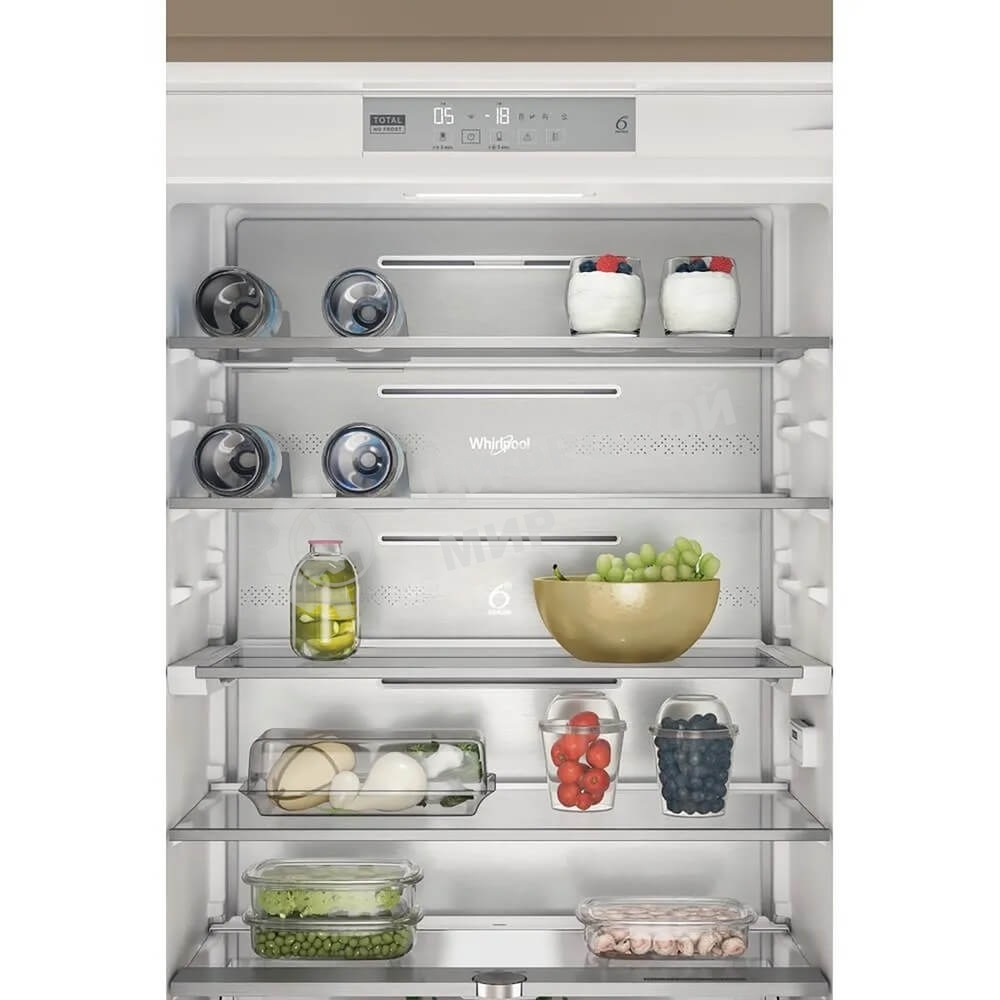 Холодильник встраиваемый Whirlpool WHSP70T241P 70 см, 193.5х54.3х69 см, 295/95 л, инверторный компрессор, автоматическая разморозка, зона свежести влажная, сенсорное управление, технология 6 SMYSL FreshControl, MultiFlow, FreezeControl, перенавешиваемые д