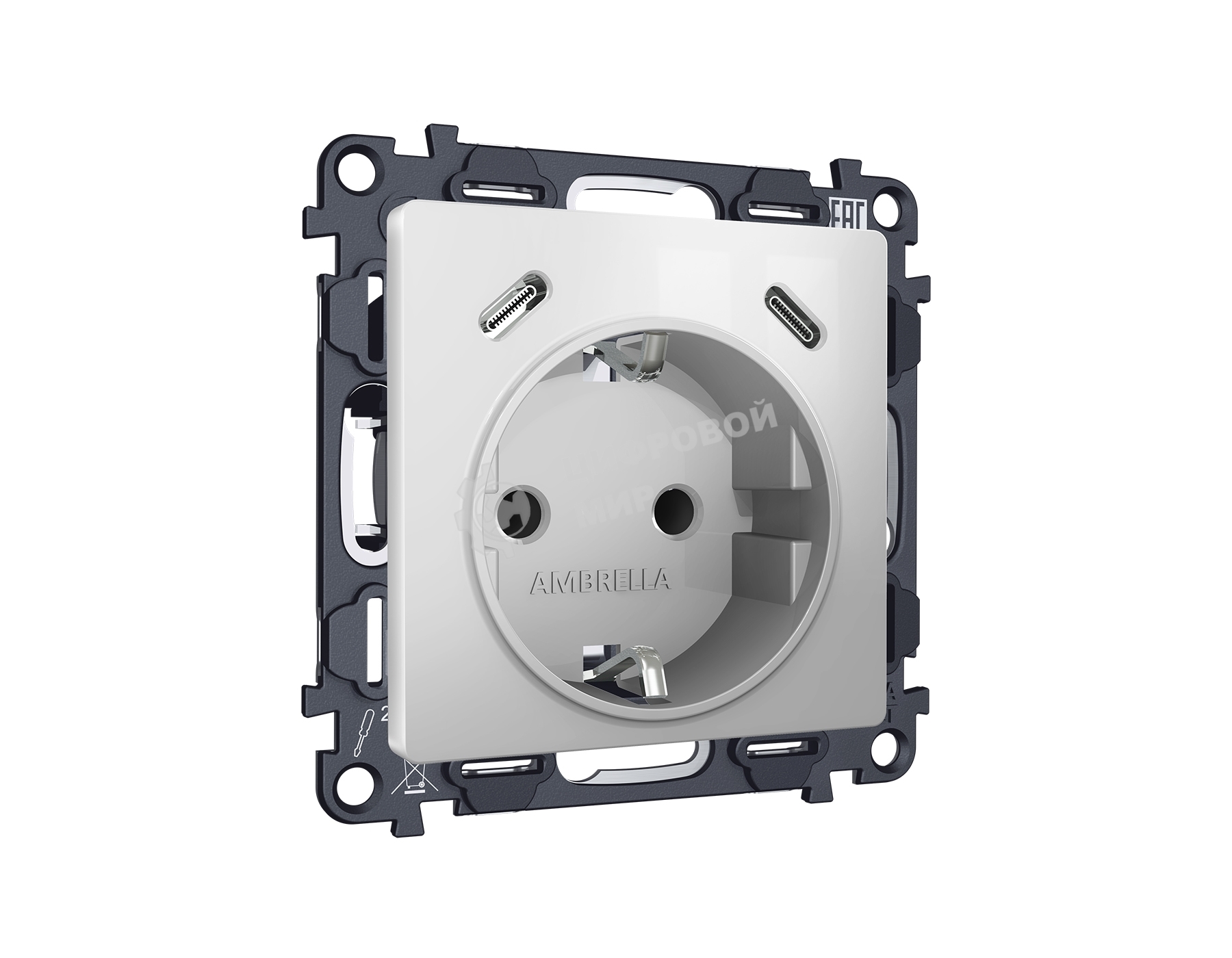 Комплект механизма электрической розетки 2USB С+C 20W с/з на винтовых зажимах 16A-250V ALFA Серебро глянец QUANT (AP4105, VM165) MA410510