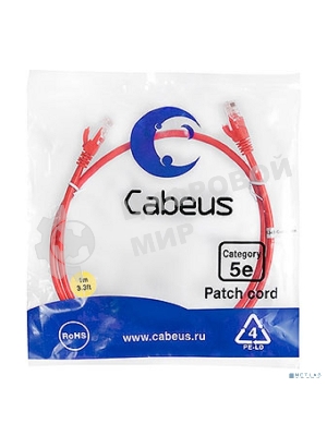 Шнур комм. Cabeus, кат. 5е, неэкр., U/UTP, RJ45/RJ45, PVC, AWG24, 1м, красный