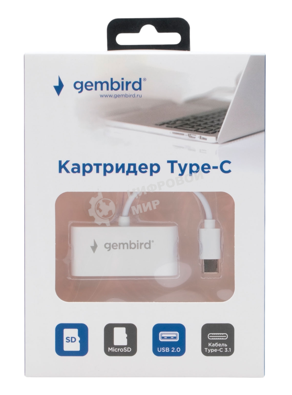 Кард-ридер Gembird FD2-MSD-2/белый/SD/SDHC/SDXC/TF/MicroSD/USB 2.0/USB Type-C (2.0)/пластик