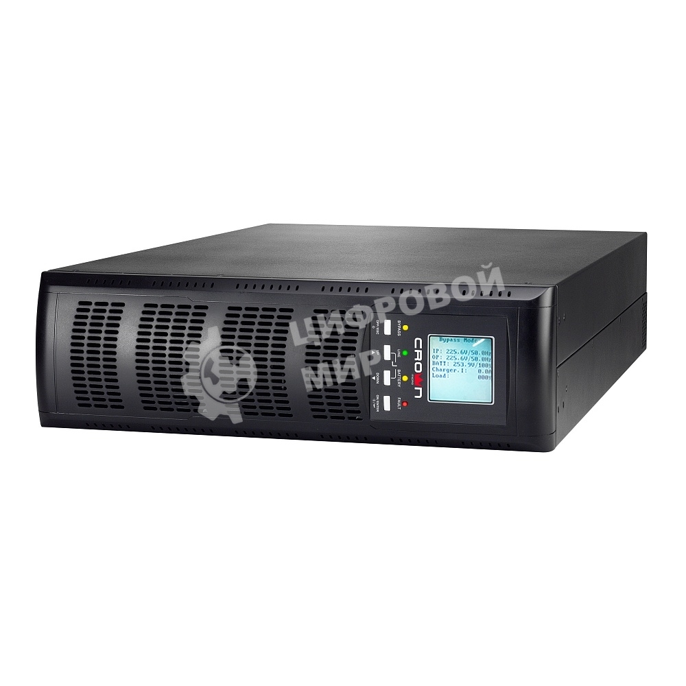 Источник бесперебойного питания CROWN On-Line CMUOA-300X-10K 10000VA/9000W, корпус металл, TOWER&RACK, 3U+3U, АКБ 16*12V/7AH, PF-0.9, AVR 110-300V, порт USB+RS-232, EPO, розетки - клемная колодка (Ph+N+GND), входной кабель 2,5 м, вентилятор охлаждения, ав
