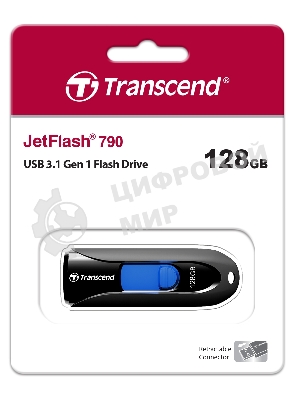 Флешка USB Transcend JetFlash 790 (TS128GJF790K), 128Gb, USB 3.0, R/W 90/40, черный/синий