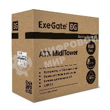 Компьютерный корпус Miditower ExeGate EVO-8225-NPX500 (ATX, БП 500NPX с вент. 12см, 2хUSB+1хUSB 3.0, черный, 2 вент. с RGb подсветкой и полоса на передней панели, боковая панель - закаленное стекло)