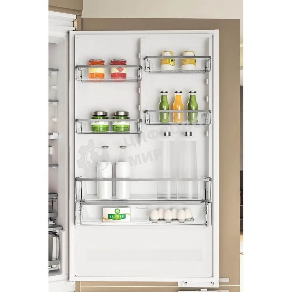 Холодильник встраиваемый Whirlpool WHSP70T241P 70 см, 193.5х54.3х69 см, 295/95 л, инверторный компрессор, автоматическая разморозка, зона свежести влажная, сенсорное управление, технология 6 SMYSL FreshControl, MultiFlow, FreezeControl, перенавешиваемые д