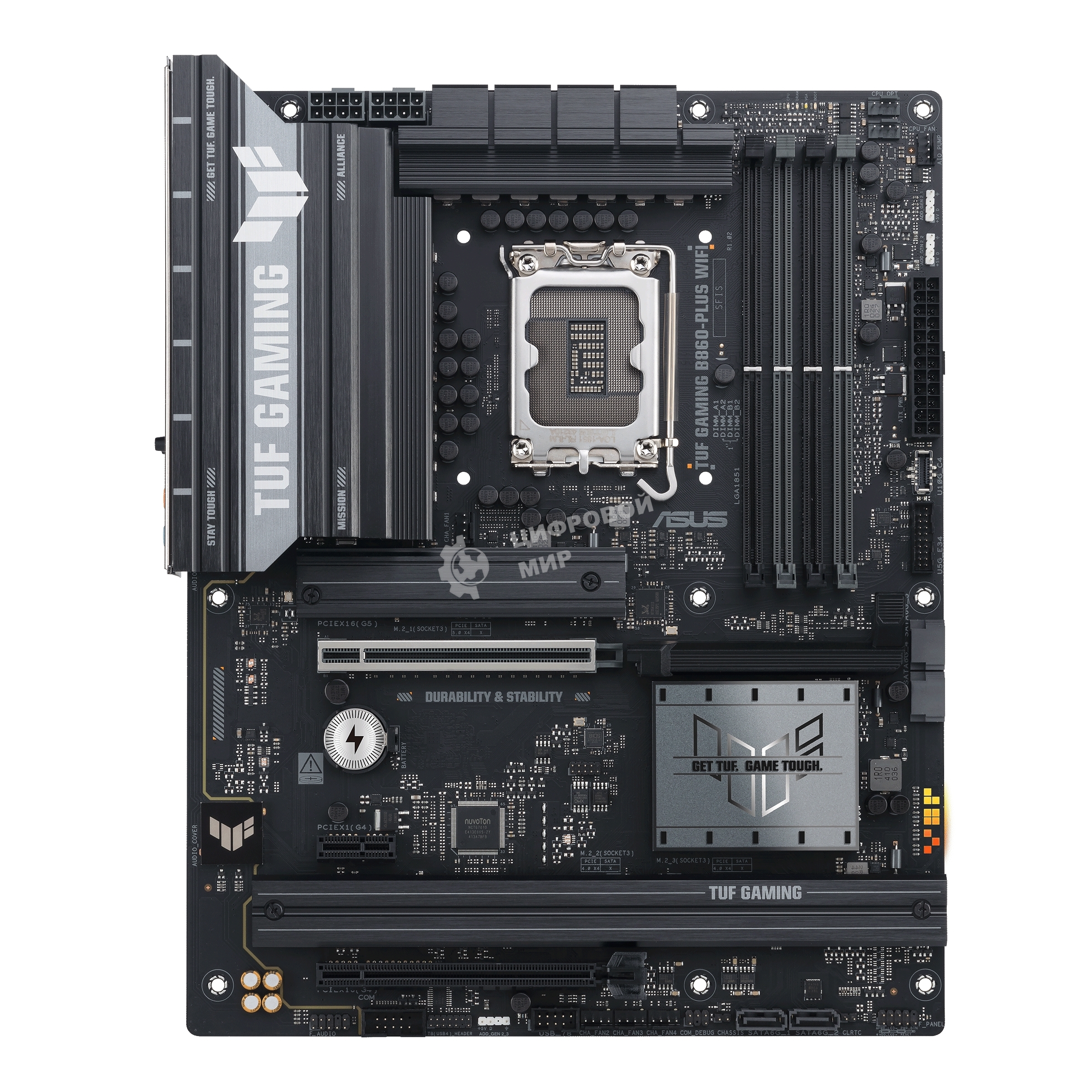 Материнская плата ASUS TUF GAMING B860-PLUS WIFI, LGA 1851, Intel B860, 4xDDR5, 4xSATA, 3xM.2, 1xPCIe 5.0 x16, 1xPCIe 4.0 x16, 1xDP, 1xHDMI, 1x 2.5Gb LAN, 1xUSB 20Gbps, 2xUSB 10Gbps, 3xUSB 5Gbps, 2xUSB 2.0, 5x3.5 мм, 7.1, ATX
