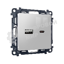 Комплект механизма розетки ALFA Серебро глянец 2USB A+C 20W (быстрая зарядка) QUANT (AP4110, VM177) MA411010