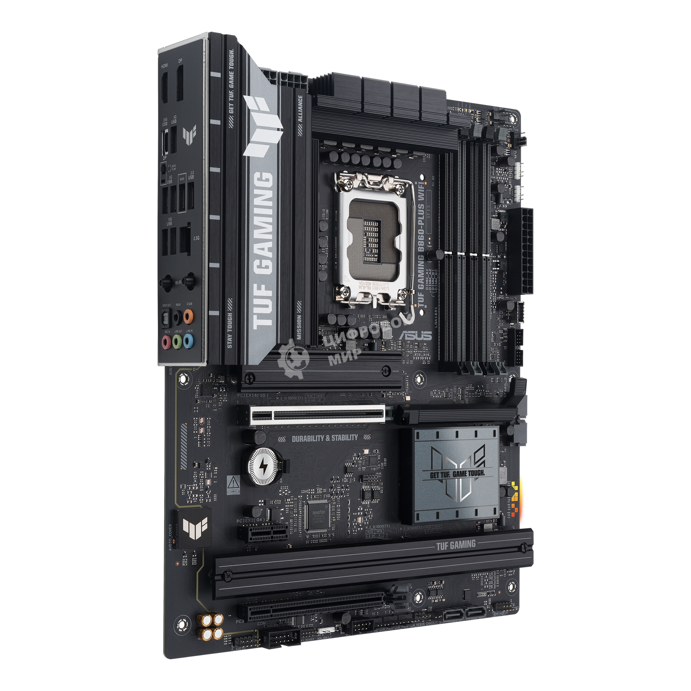 Материнская плата ASUS TUF GAMING B860-PLUS WIFI, LGA 1851, Intel B860, 4xDDR5, 4xSATA, 3xM.2, 1xPCIe 5.0 x16, 1xPCIe 4.0 x16, 1xDP, 1xHDMI, 1x 2.5Gb LAN, 1xUSB 20Gbps, 2xUSB 10Gbps, 3xUSB 5Gbps, 2xUSB 2.0, 5x3.5 мм, 7.1, ATX