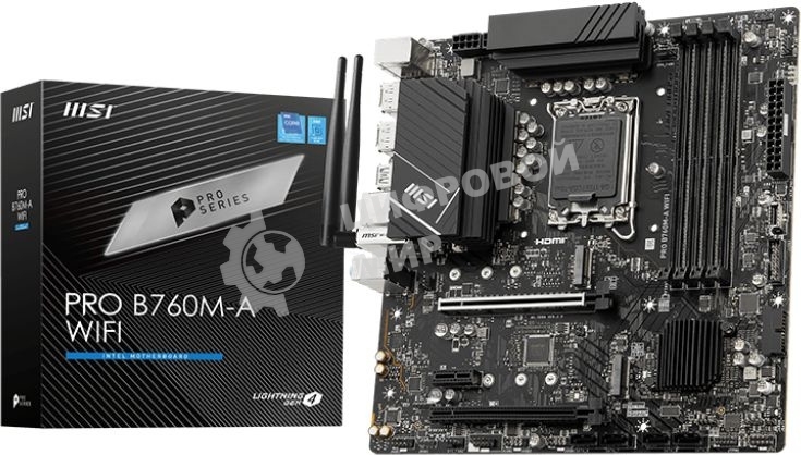 Материнская плата MSI PRO B760M-A WIFI, LGA 1700, Intel B760, 4xDDR5, 4xSATA, 2xM.2, 1xPCI-E 4.0 x16, 1xPCI-E 4.0 x4, 2xHDMI, 2xDP, 1x2.5Gb LAN, 2xUSB-A 2.0, 2xUSB 3.2 Gen 1, 2xUSB 3.2 Gen 2, 3x3.5 мм, 7.1, Micro-ATX
