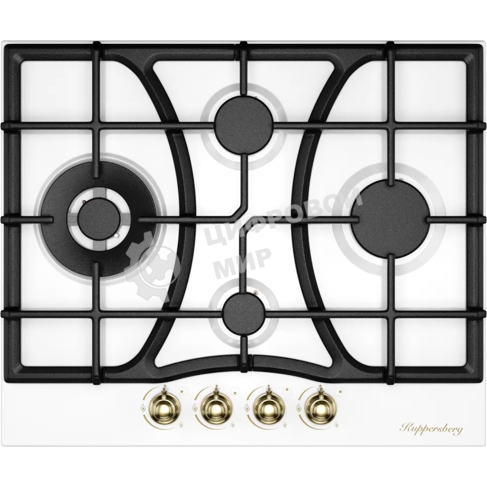 Варочная поверхность Kuppersberg FS 610 W Bronze, газ, Classic, 61 см, автоматический электроподжиг, газ-контроль, SABAF конфорки, чугунные решетки, цвет белый, цвет фурнитуры бронзовый