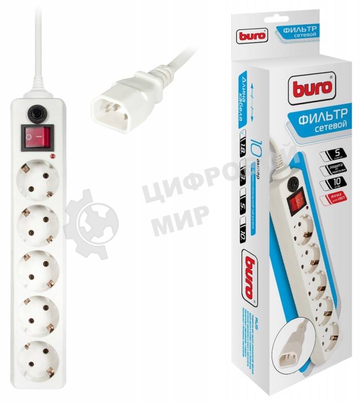 Сетевой фильтр Buro 500SH-1.8-UPS-W 1.8м, 5 розеток, белый, коробка