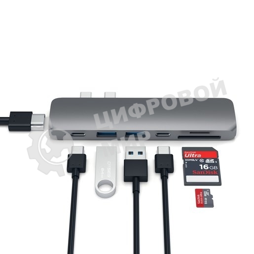 USB-концентратор Satechi Aluminum Pro Hub для Macbook Pro (USB-C). Порты: HDMI, Thunderbolt 3, USB Type-C, SD, microSD, 2 x USB 3.0. серый космос.