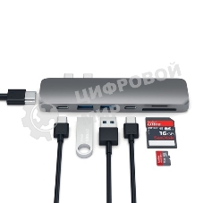 USB-концентратор Satechi Aluminum Pro Hub для Macbook Pro (USB-C). Порты: HDMI, Thunderbolt 3, USB Type-C, SD, microSD, 2 x USB 3.0. серый космос.