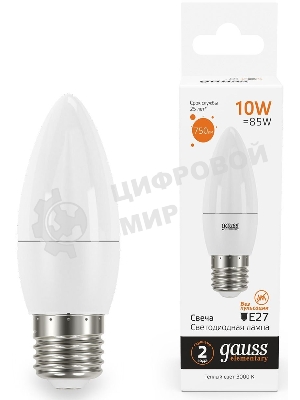 Лампа светодиодная Gauss Elementary 30210 10Вт цок.:E27 свеча 220B 3000K св.свеч.бел.теп. (упак.:10шт)