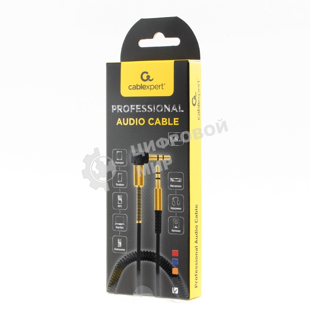 Кабель Cablexpert аудио 90˚ спиральный CCAB-02-35MMLC-1.8MO. 3.5 Jack (M)/3.5 Jack (M), оранжевый, 1.8м, блистер