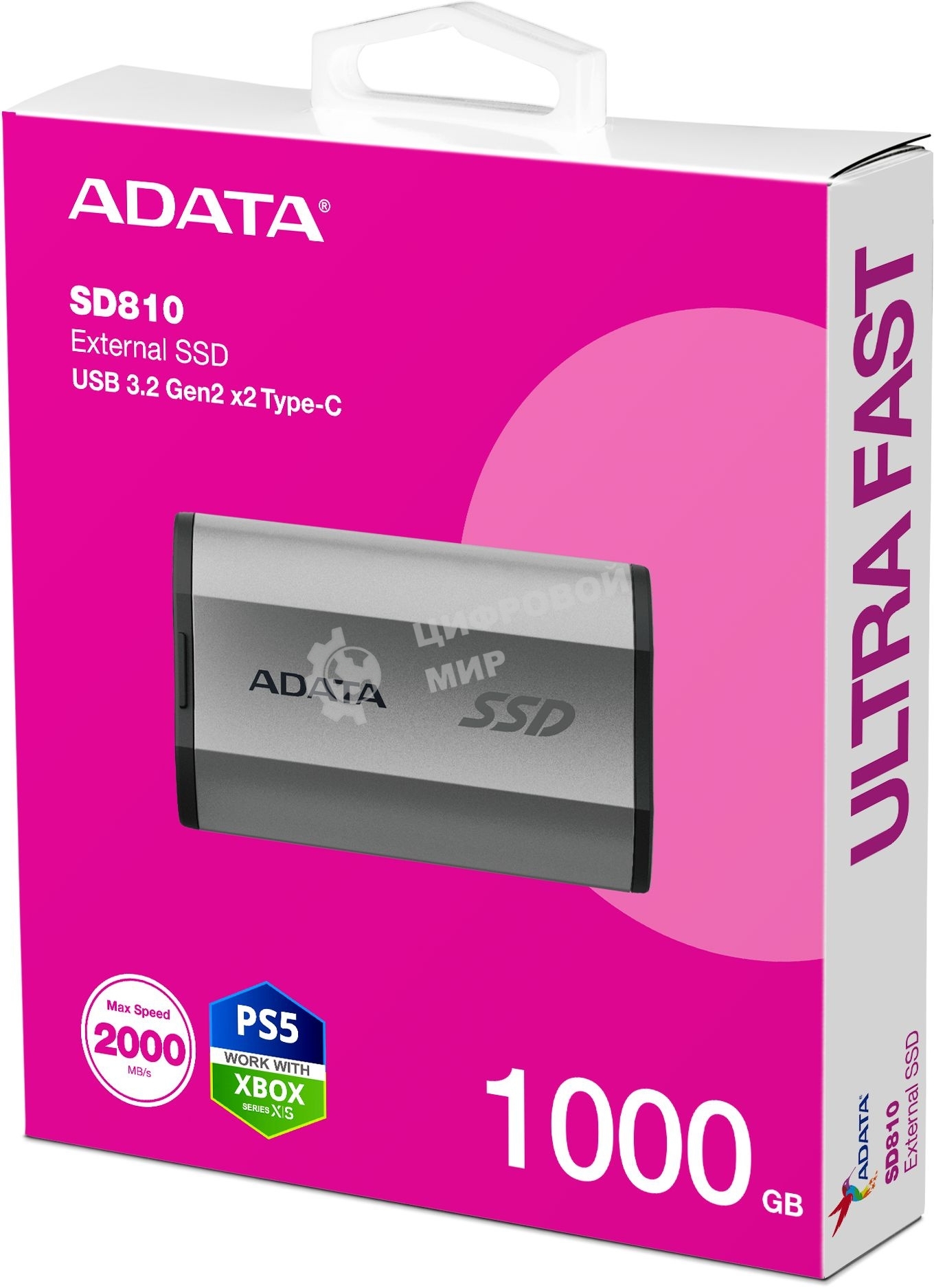 Внешний SSD ADATA SD810, 1TB, USB 3.2 Gen 2x2 Type-C, R/W 2000/2000, серебристый