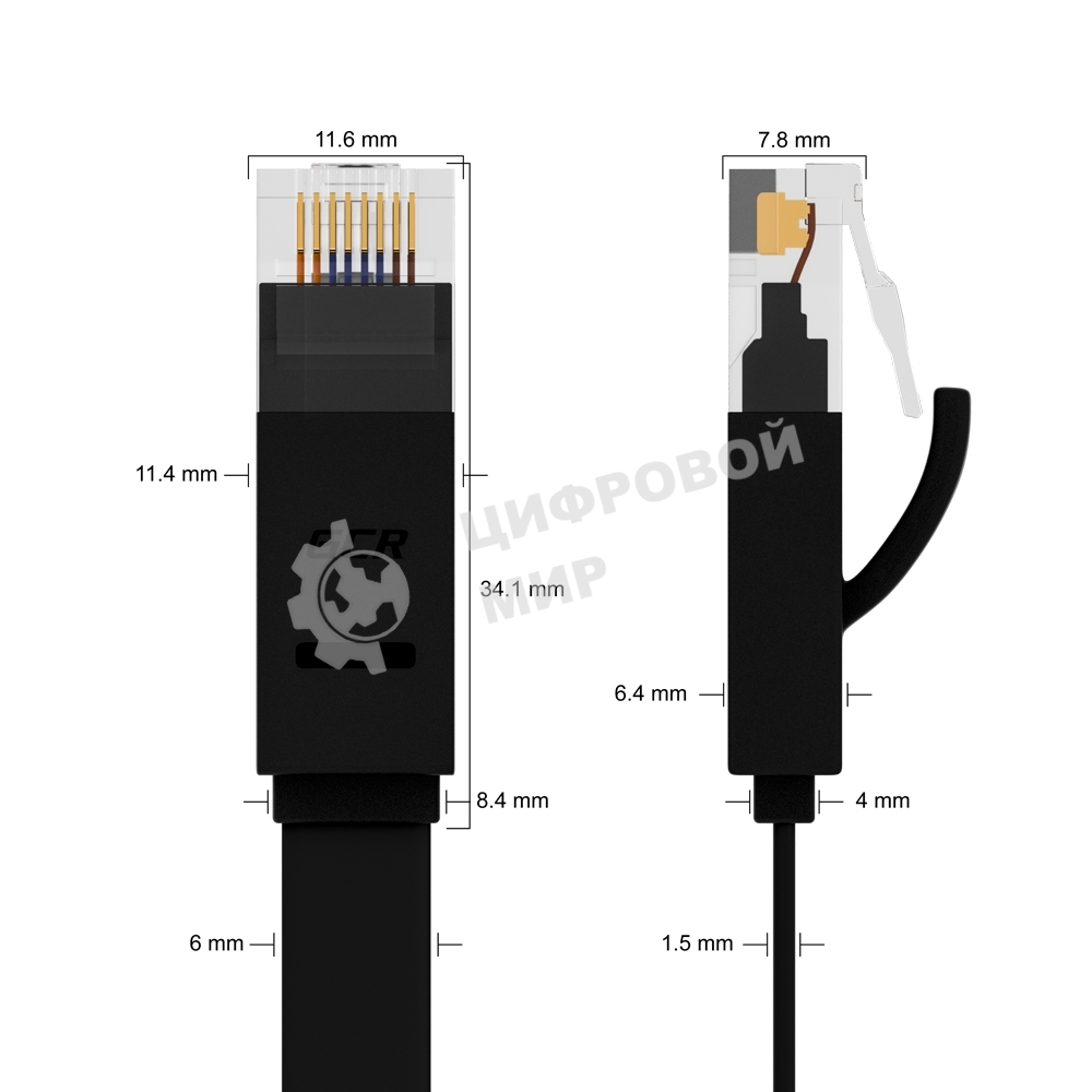 Патч-корд Greenconnect PROF плоский прямой 10.0m, UTP медь cat.6, черный, позолоченные контакты, 30 AWG, GCR-LNC616-10.0m, ethernet high speed 10 Гбит/с, RJ45, T568B