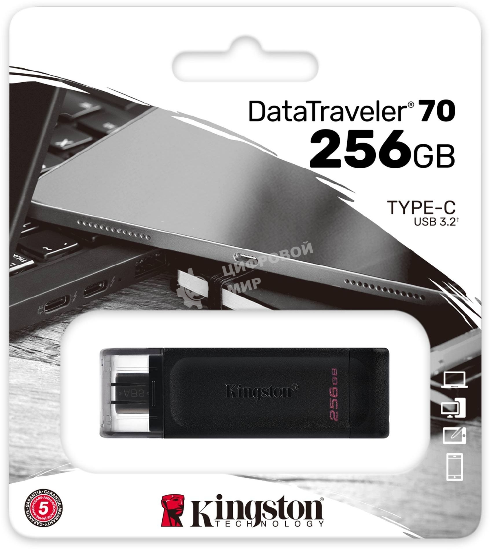 Флешка USB Kingston DataTraveler DT70 (DT70/256Gb), 256Gb, USB Type-C 3.2, R/W 70/45, черный
