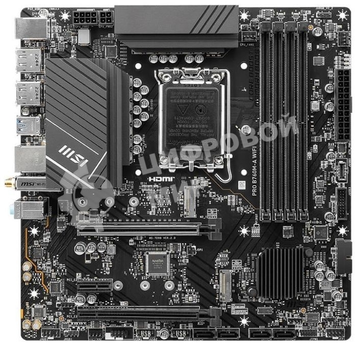 Материнская плата MSI PRO B760M-A WIFI, LGA 1700, Intel B760, 4xDDR5, 4xSATA, 2xM.2, 1xPCI-E 4.0 x16, 1xPCI-E 4.0 x4, 2xHDMI, 2xDP, 1x2.5Gb LAN, 2xUSB-A 2.0, 2xUSB 3.2 Gen 1, 2xUSB 3.2 Gen 2, 3x3.5 мм, 7.1, Micro-ATX