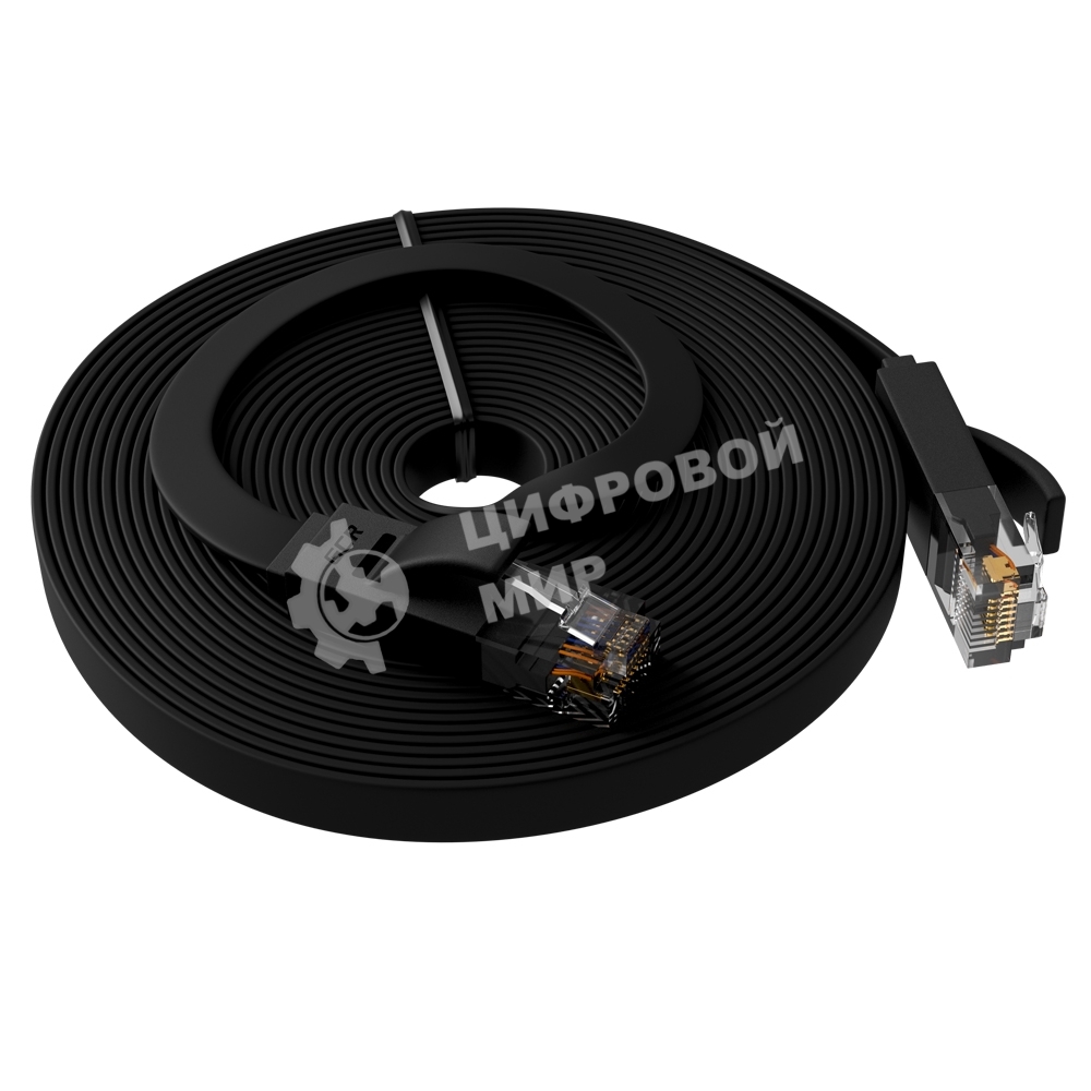 Патч-корд Greenconnect PROF плоский прямой 10.0m, UTP медь cat.6, черный, позолоченные контакты, 30 AWG, GCR-LNC616-10.0m, ethernet high speed 10 Гбит/с, RJ45, T568B