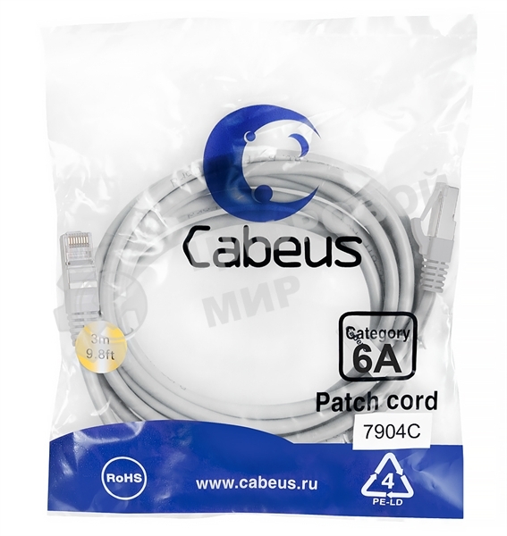 Шнур коммутационный Cabeus, кат. 6A, экр., S/FTP, RJ45/RJ45, LSZH, AWG26, 3м, серый