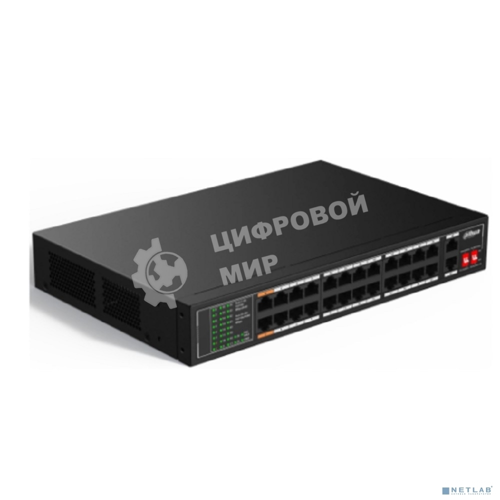 Коммутатор настраиваемый 26-портовый с РоЕ Dahua DH-SF1026LP, 24xRJ45 100Mb PoE, 2xRJ45 1Gb uplink, суммарно 190Вт, коммутация 8.8 Гбит/с, MAC-таблица 8K, металл