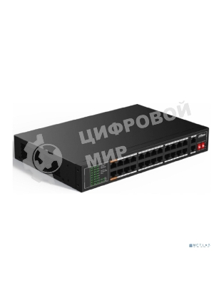 Коммутатор настраиваемый 26-портовый с РоЕ Dahua DH-SF1026LP, 24xRJ45 100Mb PoE, 2xRJ45 1Gb uplink, суммарно 190Вт, коммутация 8.8 Гбит/с, MAC-таблица 8K, металл