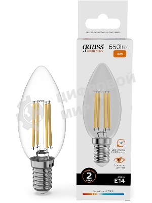 Лампа светодиодная филаментная Gauss Filament 10Вт цок.: E14 свеча св. свеч. бел. теп. (упак.: 10 шт)