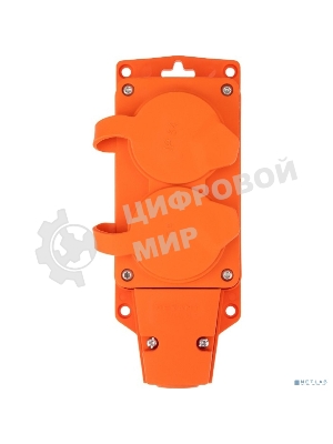 Розетка (колодка) Rexant влагозащищенная с крышкой 2 гнезда COMPACT, с/з, 16А, IP54, каучук, оранжевый