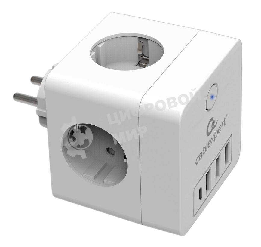 Сетевой фильтр Cablexpert Cube, CUBE-4-СU3-W, 4 р, 16А, 1xType-C PD, 3хUSB, ур. защиты 2+, белый, коробка