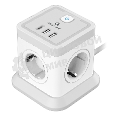 Сетевой фильтр Cablexpert Tower, TWR-4-CU2-W-2, 4р, 10А, 1xType-C PD, 20Вт, 2хUSB, 2 м, ур. защиты 2+, белый, коробка