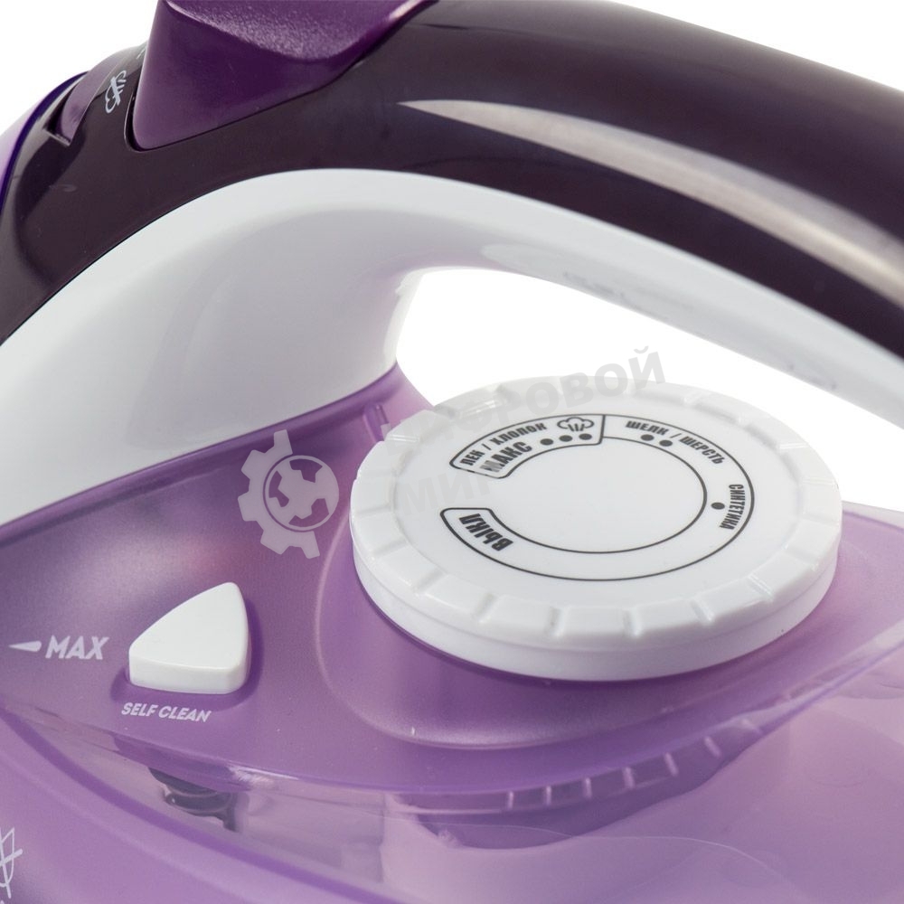 Утюг Galaxy Line GL 6124, фиолетовый с белым, паровой, 2500 Вт, постоянный пар 50 г/мин, паровой удар 230 г/мин, функции: самоочистка, антикапля, антинакипь, функция увлажнения, вертикальное отпаривание, защита от перегрева, индикатор нагрева, керамическо