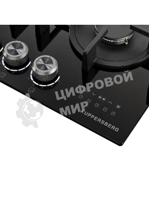 Варочная поверхность Kuppersberg FG 68 B газ, High-Tech, 60 см, автоматический электроподжиг, газ-контроль, форсунки под сжиженый газ, механическое/сенсорное управление, таймер, блокировка панели управления, подсветка панели управления, SABAF конфорки, чугунные решетки, цвет черный, цвет фурнитуры черно-серебристый