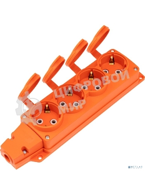 Розетка (колодка) Rexant влагозащищенная с крышкой 4 гнезда COMPACT, с/з, 16А, IP54, каучук, оранжевый