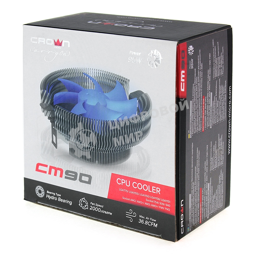 Кулер CROWN для процессора CM-90 (Для Intel и AMD,TDP до 95 Ватт,Низкая посадка радиатора,Гидродинамическии подшипник,Размер: 115x110x57 мм)