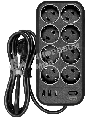 Сетевой фильтр Powercom SP-08 USB03AB 1,8 m 1.8м, 8 розеток, черный, коробка