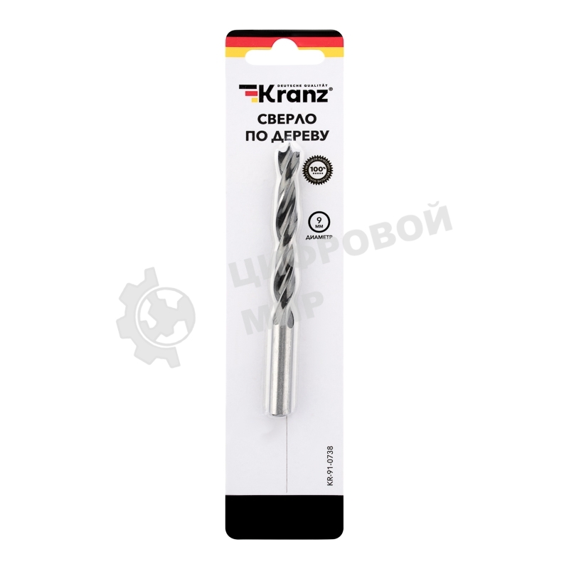 Сверло по дереву Kranz 9х125 мм, цилиндрический хвостовик