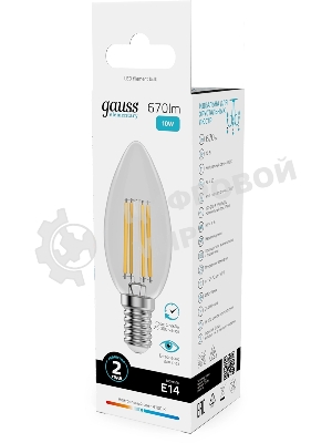 Лампа филам. Gauss Filament 10Вт цок.:E14 свеча св.свеч.бел.нейт. (упак.:10шт) (32120)
