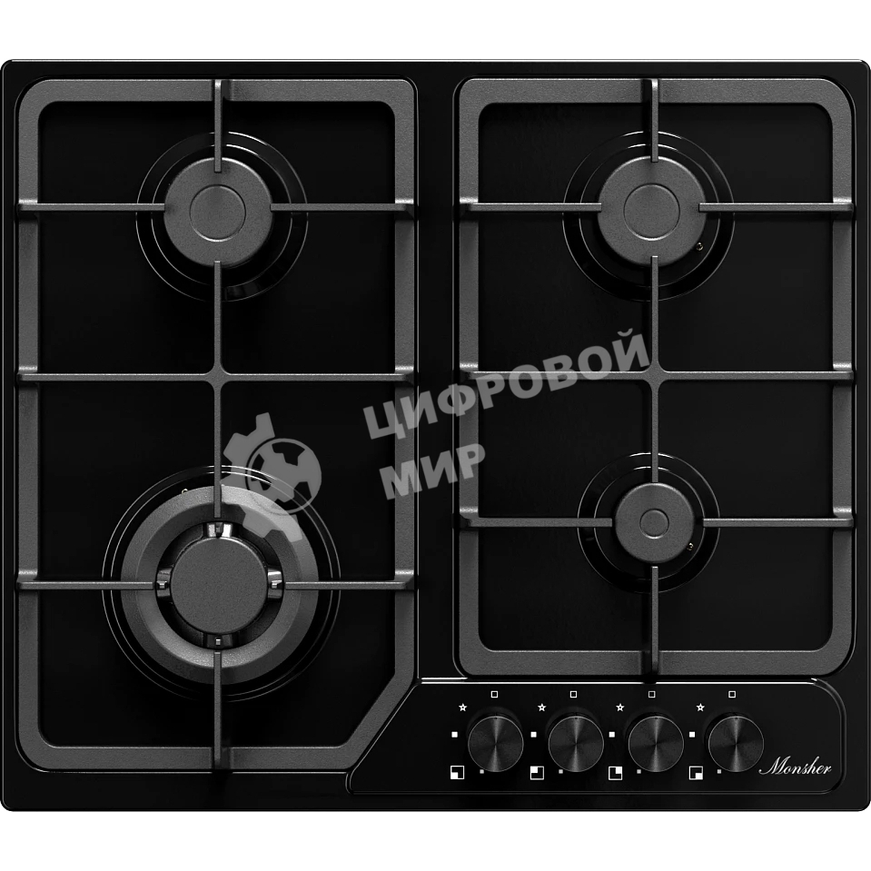 Газовая варочная панель MONSHER, газ, High-Tech, 58 см, автоматический электроподжиг, газ-контроль, форсунки под сжиженый газ, SABAF конфорки, чугунные решетки, черный