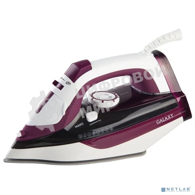 Утюг Galaxy Line GL 6108, бордовый с белым, паровой, 2400 Вт, постоянный пар 50 г/мин, паровой удар 230 г/мин, функции: автоотключение, самоочистка, антикапля, антинакипь, вертикальное отпаривание, индикатор автоотключения, индикатор нагрева, функция увла
