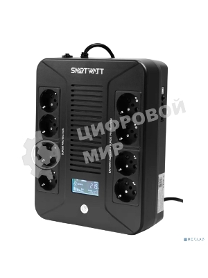 Источник бесперебойного питания SMARTWATT UPS SAFE PRO LCD 800 черный 800/480 ВА/Вт, напольный/настенный, линейно-интерактивный, LCD дисплей, Shuko CEE7/4 - 8 шт. (4 шт. с резервным питанием, 4 шт. - сетевой фильтр)