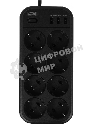 Сетевой фильтр Powercom SP-08 USB03AB 1,8 m 1.8м, 8 розеток, черный, коробка