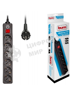 Сетевой фильтр Buro 600SH-3-B 3 м, 6 розеток, черный, коробка