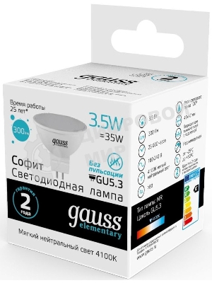 Лампа светодиодная Gauss Elementary MR16 3.5Вт цок.: GU5.3 спот 220B 4100K св. свеч. бел. ней. MR16 (упак.: 10 шт) (13524)