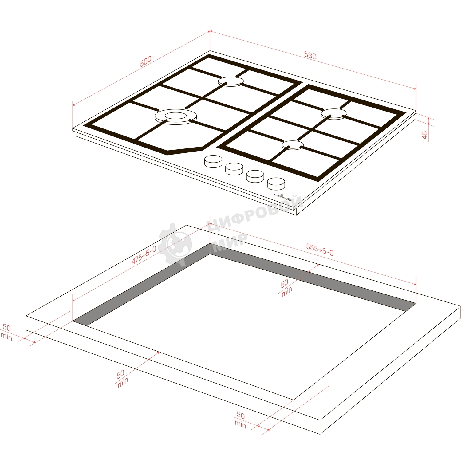 Газовая варочная панель MONSHER, газ, High-Tech, 58 см, автоматический электроподжиг, газ-контроль, форсунки под сжиженый газ, SABAF конфорки, чугунные решетки, черный