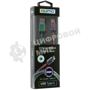 Кабель Qumo Type-С кабель, 1м, USB 2.0, 5В, 2А, 10Вт, тканевая оплетка, стальной коннектор, черный
