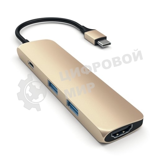 USB-концентратор Satechi Slim Aluminum Type-C Multi-Port Adapter with Type-C Charging Port. Интерфейс USB-C. Порты USB Type-C, 2хUSB 3.0, 4K HDMI. золотой.