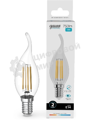 Лампа филам. Gauss Filament 12Вт цок.:E14 свеча св.свеч.бел.нейт. (упак.:10шт) (42122)