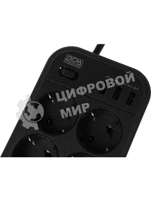 Сетевой фильтр Powercom SP-08 USB03AB 1,8 m 1.8м, 8 розеток, черный, коробка