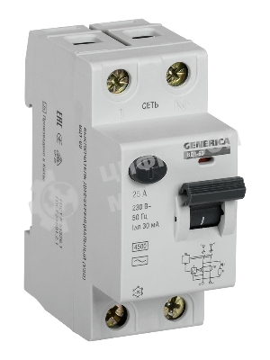 Выключатель дифференциального тока (УЗО) ВД1-63 2п 25А 30мА тип AC GENERICAMDV15-2-025-030IEK